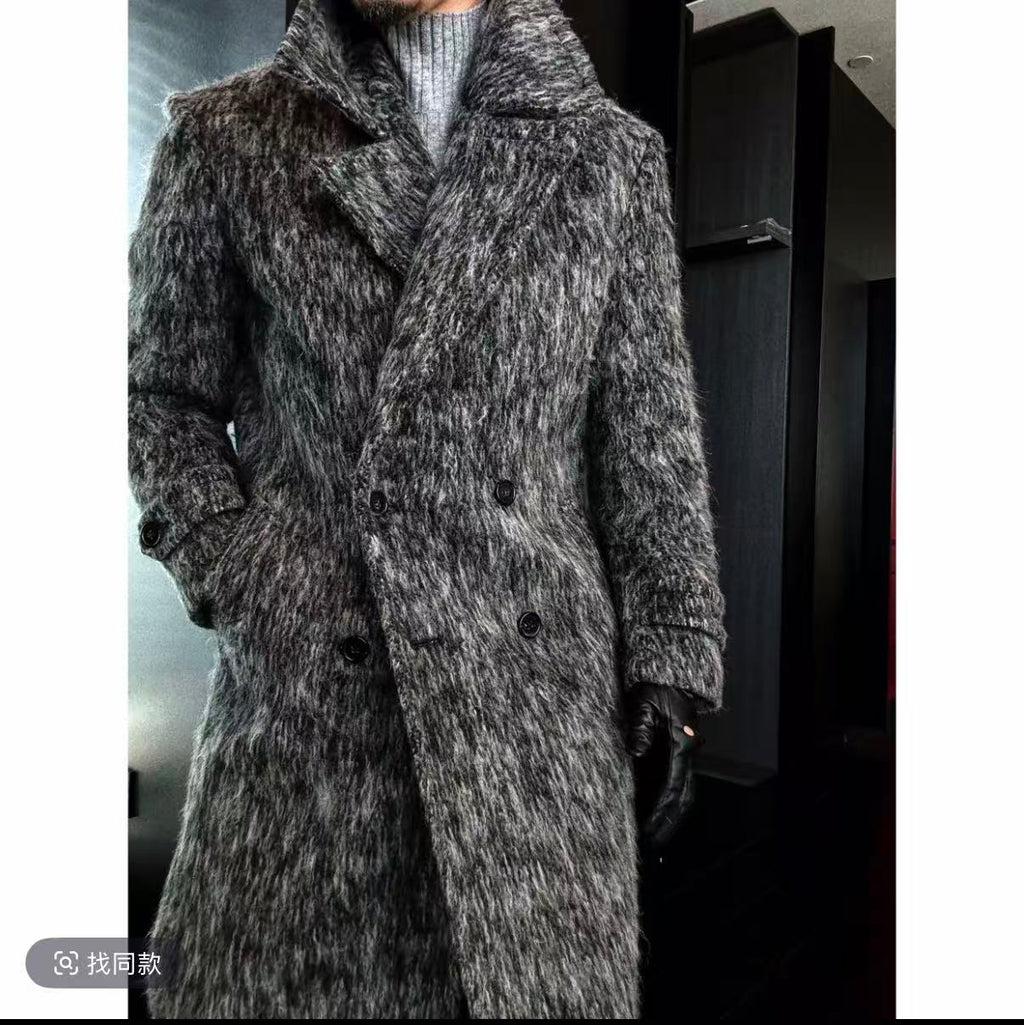 Textured Double-Breasted Long Coat