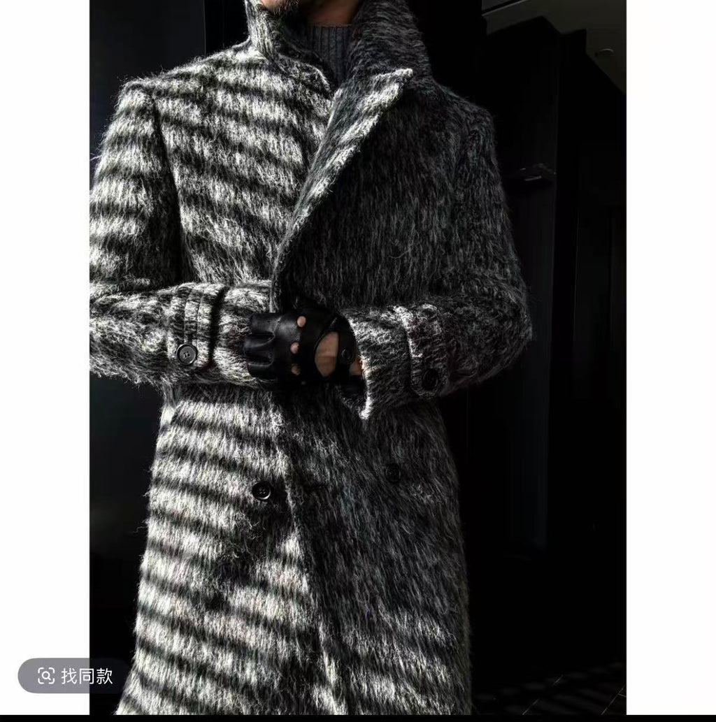 Textured Double-Breasted Long Coat