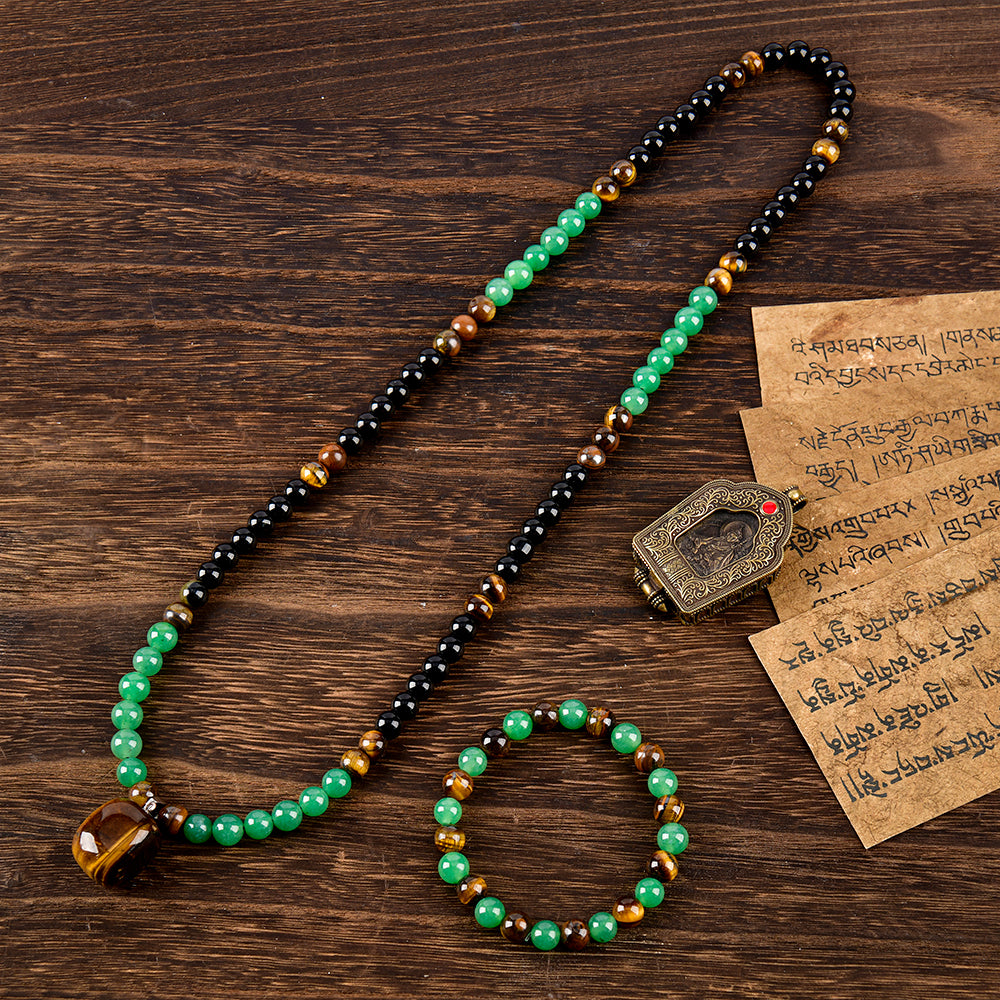 Arpurraina Feng Shui Money Attraction Necklace & Bracelet Set – Green Aventurine & Tiger Eye Pendant Healing Crystal Stone