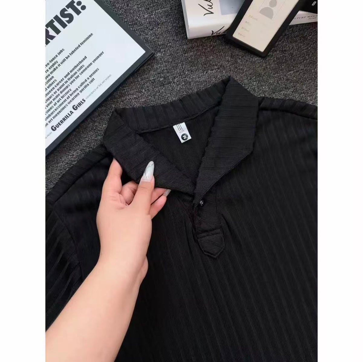 Old Money Style Wind-Textured Vertical-Striped Loose-Fit Lapel Polo Shirt