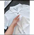 Old Money Style Wind-Textured Vertical-Striped Loose-Fit Lapel Polo Shirt