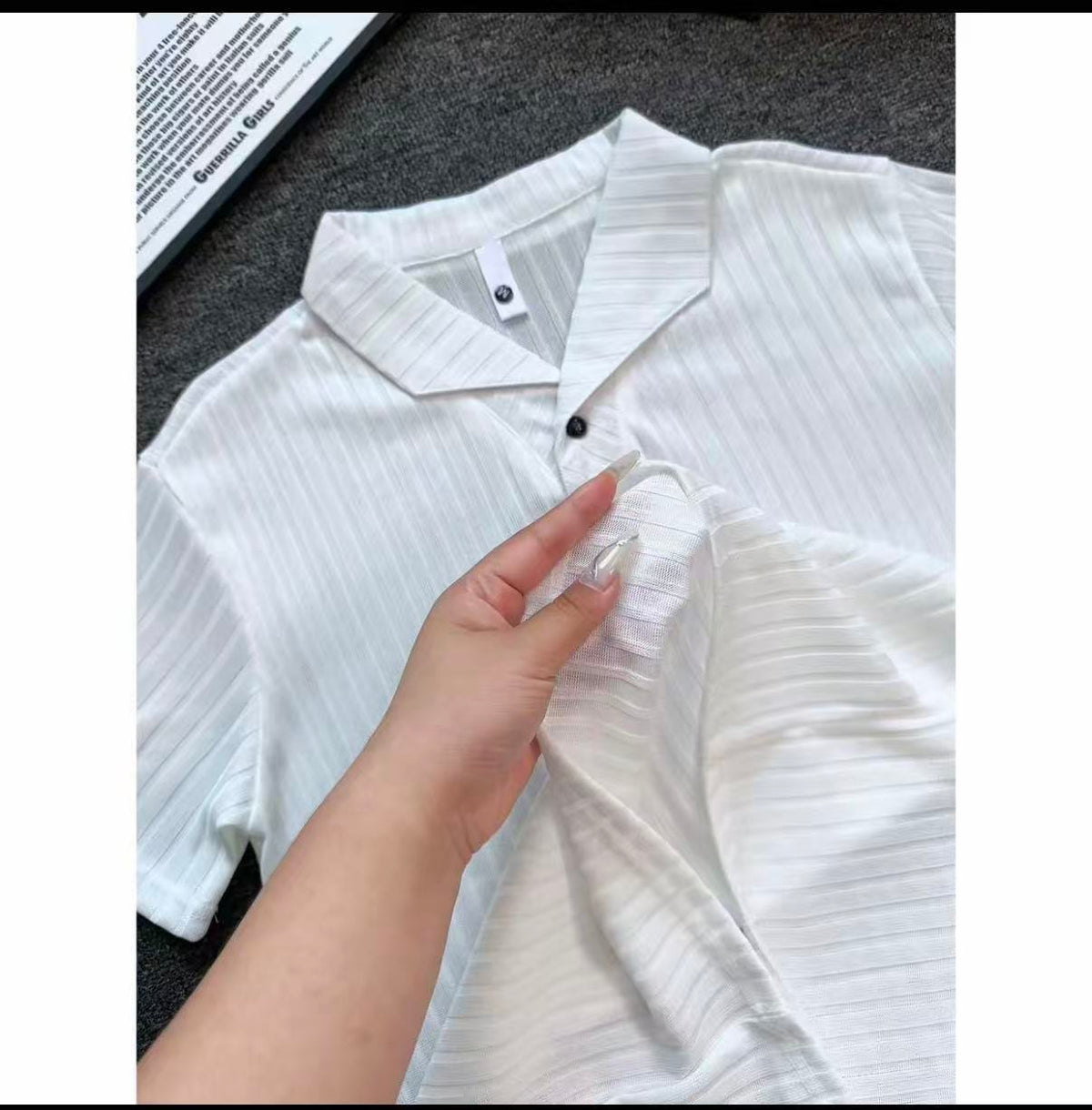 Old Money Style Wind-Textured Vertical-Striped Loose-Fit Lapel Polo Shirt