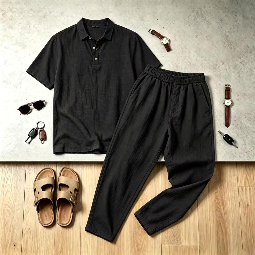 Mens Linen Lapel Short-sleeve Top And Trousers Set