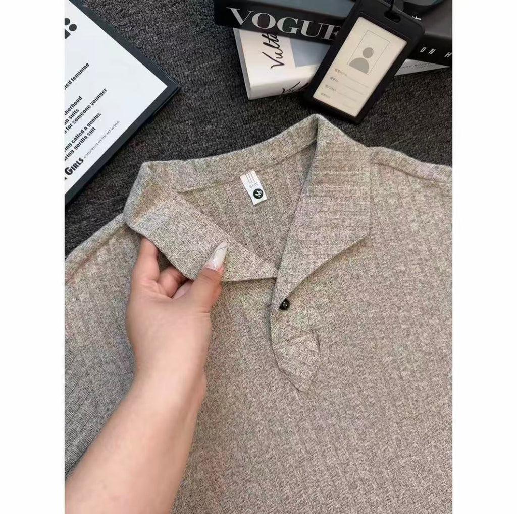 Old Money Style Wind-Textured Vertical-Striped Loose-Fit Lapel Polo Shirt