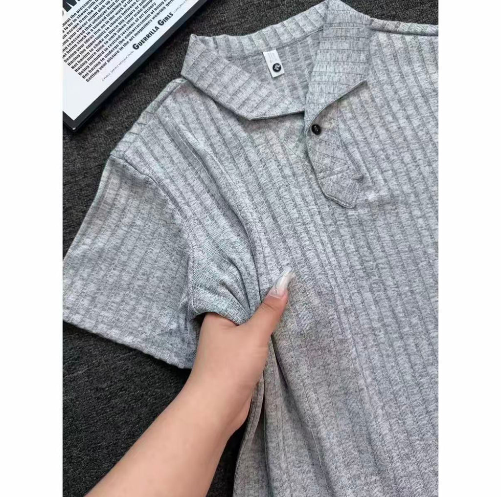 Old Money Style Wind-Textured Vertical-Striped Loose-Fit Lapel Polo Shirt