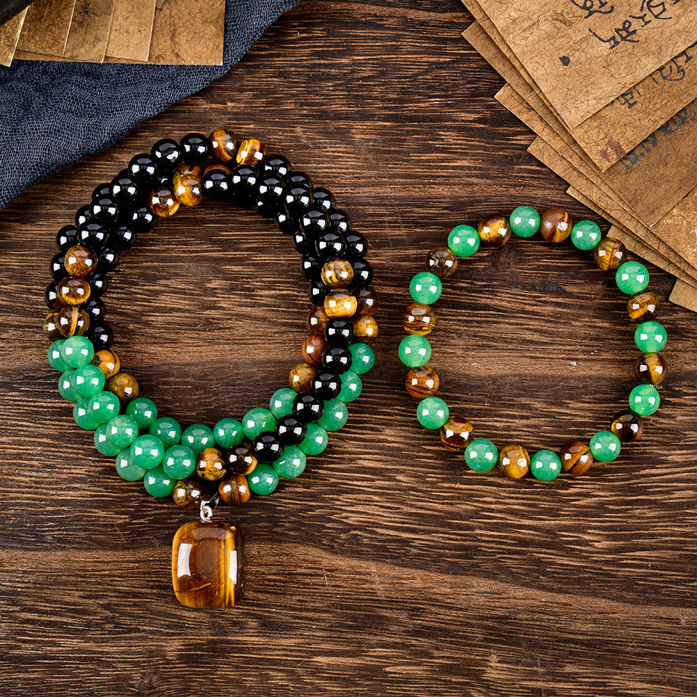 Arpurraina Feng Shui Money Attraction Necklace & Bracelet Set – Green Aventurine & Tiger Eye Pendant Healing Crystal Stone