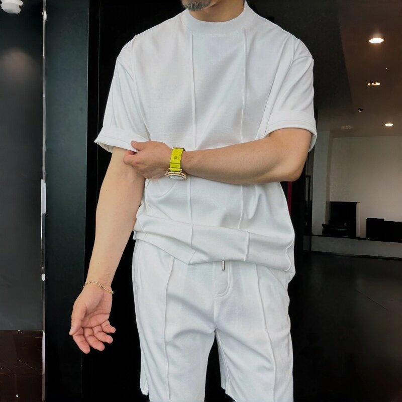メンズカジュアルスポーツセット：クルーネック通気性半袖Tシャツとゆったりフィットショーツ—オールドマネースタイルのツーピースセット