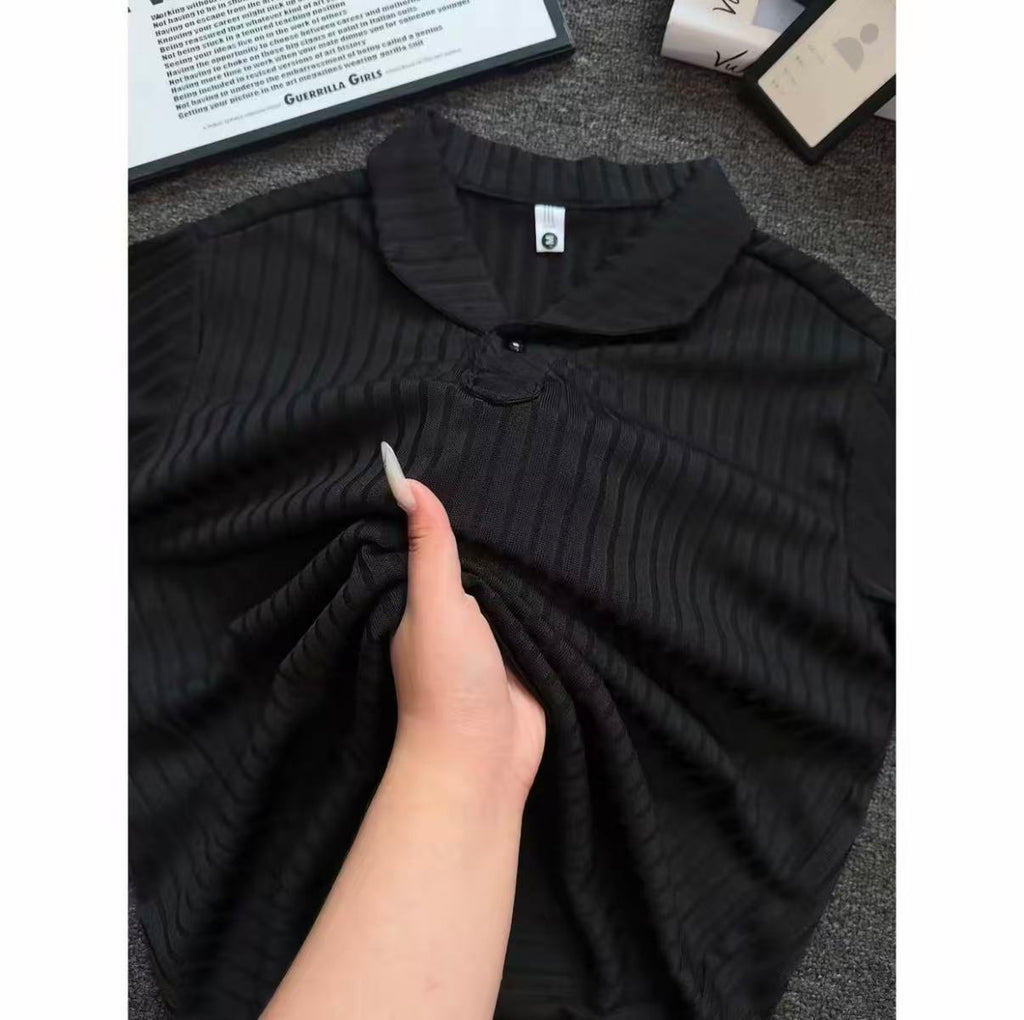 Old Money Style Wind-Textured Vertical-Striped Loose-Fit Lapel Polo Shirt