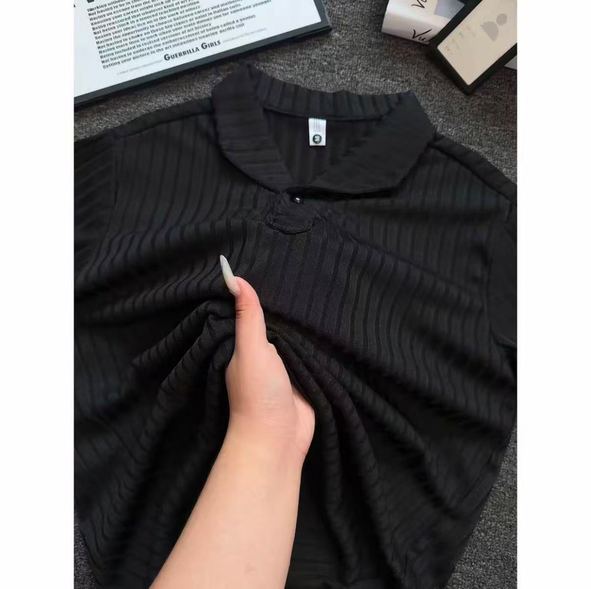 Old Money Style Wind-Textured Vertical-Striped Loose-Fit Lapel Polo Shirt
