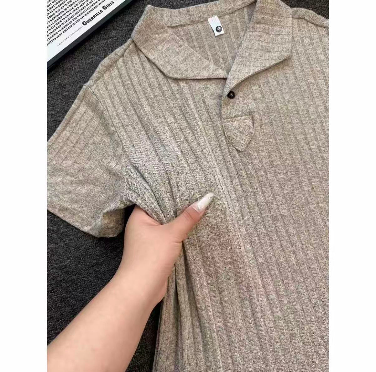 Old Money Style Wind-Textured Vertical-Striped Loose-Fit Lapel Polo Shirt
