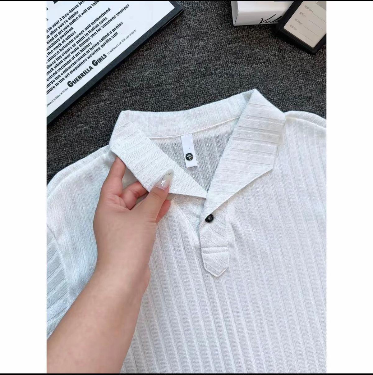 Old Money Style Wind-Textured Vertical-Striped Loose-Fit Lapel Polo Shirt