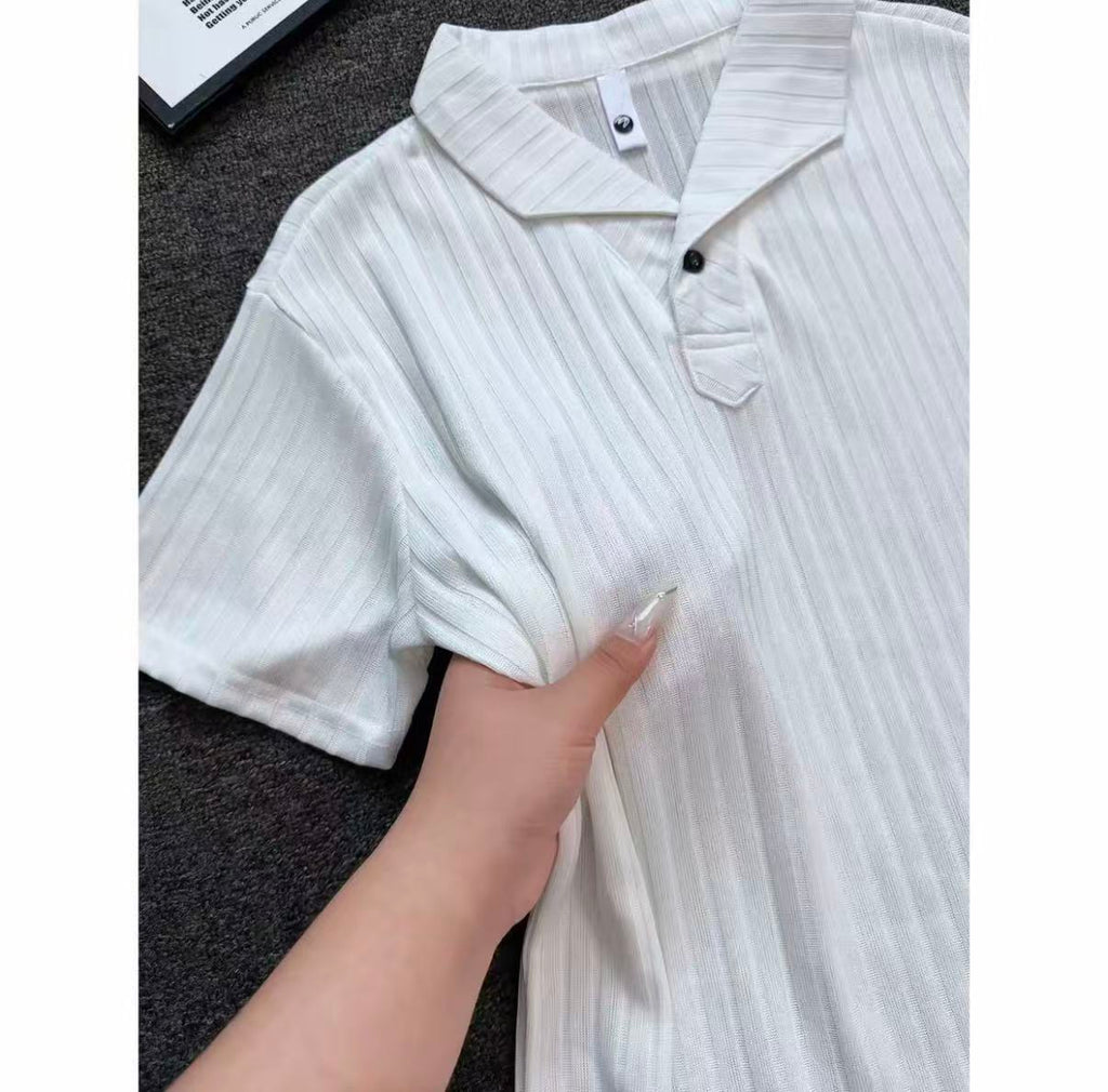Old Money Style Wind-Textured Vertical-Striped Loose-Fit Lapel Polo Shirt