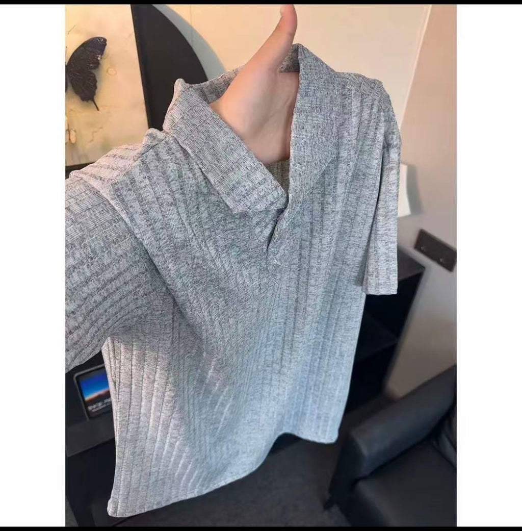 Old Money Style Wind-Textured Vertical-Striped Loose-Fit Lapel Polo Shirt