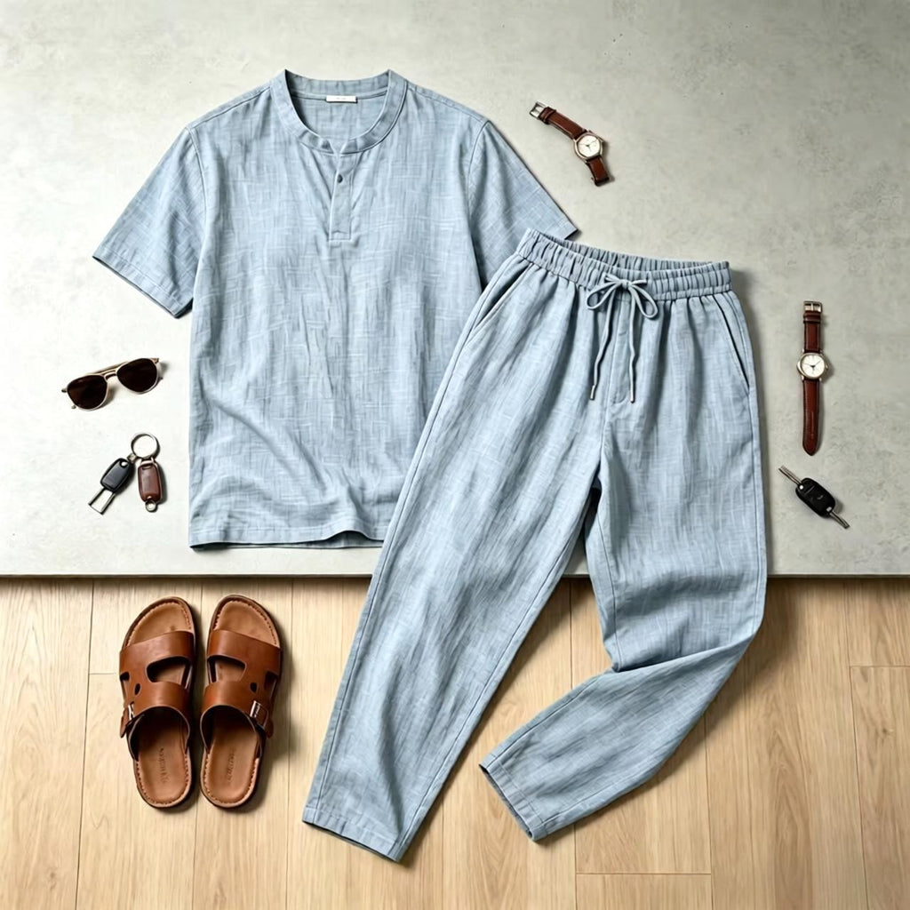 Mens Linen Lapel Short-sleeve Top And Trousers Set