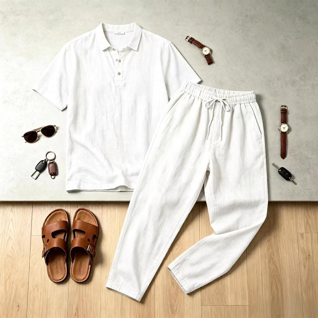 Mens Linen Lapel Short-sleeve Top And Trousers Set
