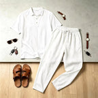 Mens Linen Lapel Short-sleeve Top And Trousers Set