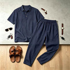 Mens Linen Lapel Short-sleeve Top And Trousers Set