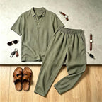 Mens Linen Lapel Short-sleeve Top And Trousers Set