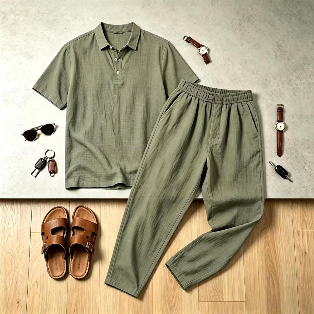 Mens Linen Lapel Short-sleeve Top And Trousers Set