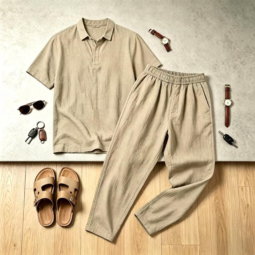 Mens Linen Lapel Short-sleeve Top And Trousers Set
