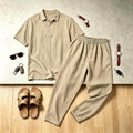 Mens Linen Lapel Short-sleeve Top And Trousers Set