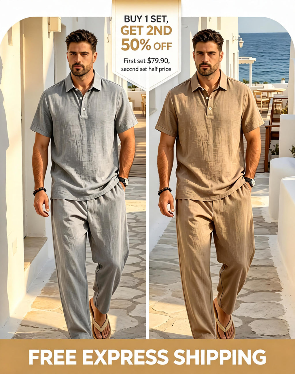 Mens Linen Lapel Short-sleeve Top And Trousers Set