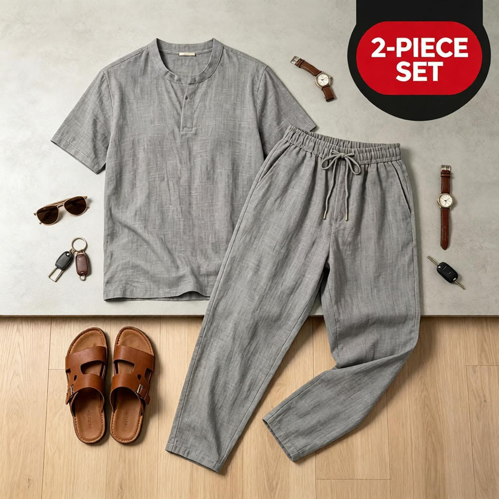 Mens Linen Lapel Short-sleeve Top And Trousers Set