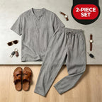 Mens Linen Lapel Short-sleeve Top And Trousers Set