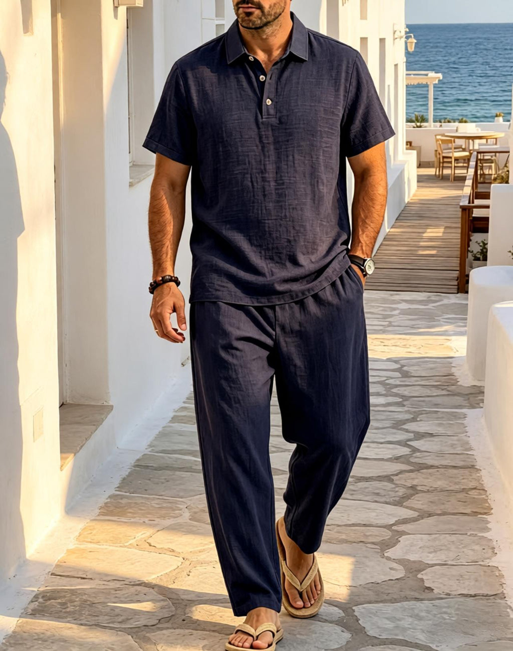 Mens Linen Lapel Short-sleeve Top And Trousers Set