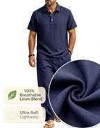 Mens Linen Lapel Short-sleeve Top And Trousers Set