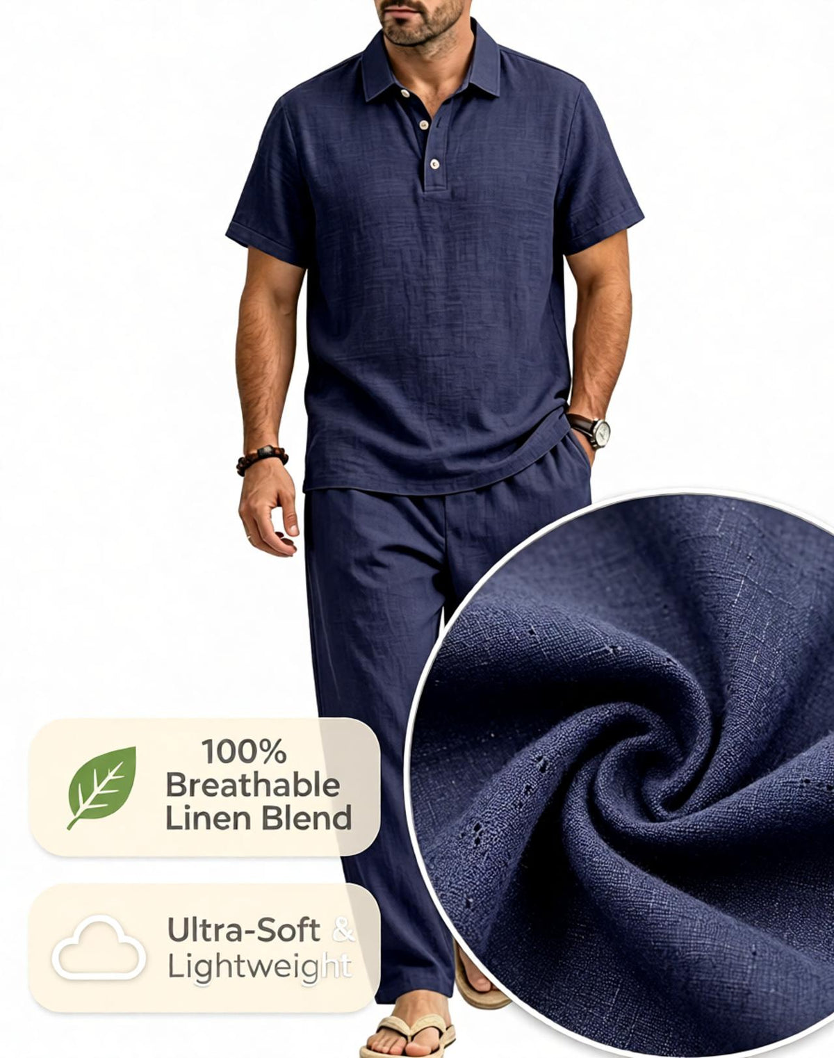 Mens Linen Lapel Short-sleeve Top And Trousers Set