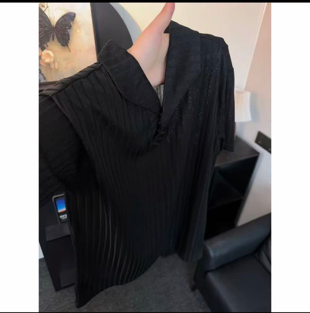 Old Money Style Wind-Textured Vertical-Striped Loose-Fit Lapel Polo Shirt