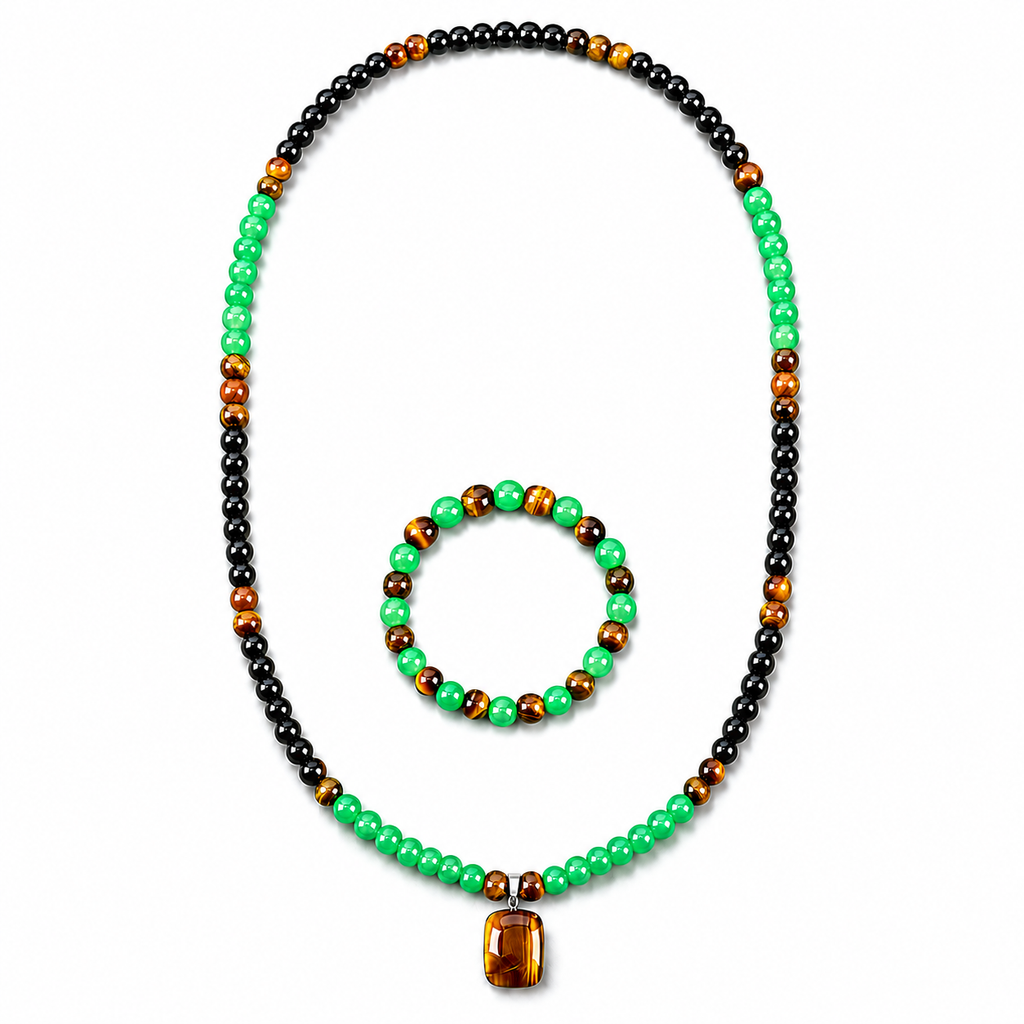 Arpurraina Feng Shui Money Attraction Necklace & Bracelet Set – Green Aventurine & Tiger Eye Pendant Healing Crystal Stone