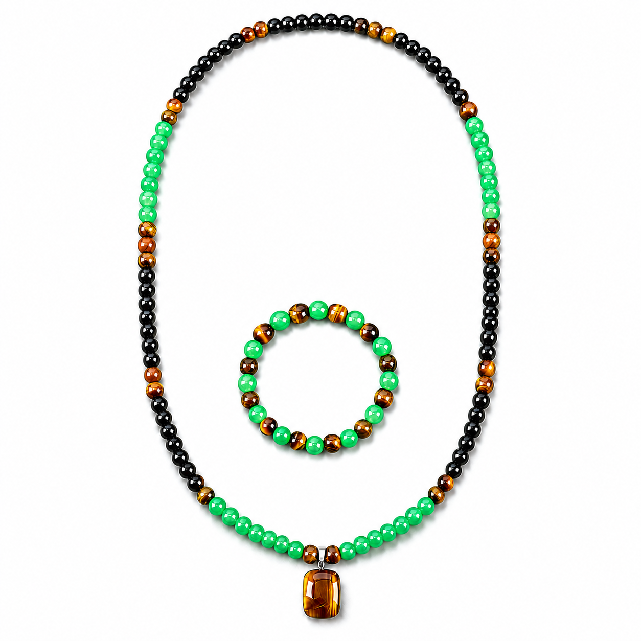 Arpurraina Feng Shui Money Attraction Necklace & Bracelet Set – Green Aventurine & Tiger Eye Pendant Healing Crystal Stone