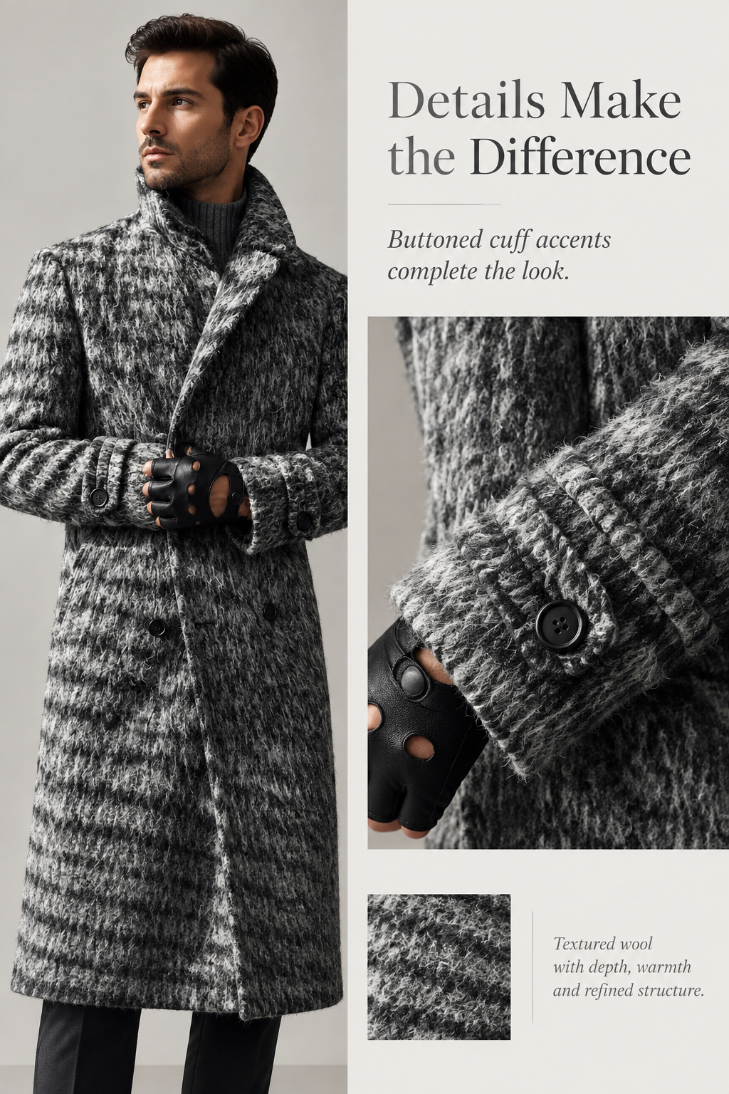 Textured Double-Breasted Long Coat