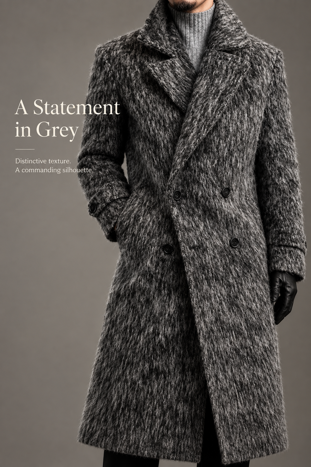Textured Double-Breasted Long Coat