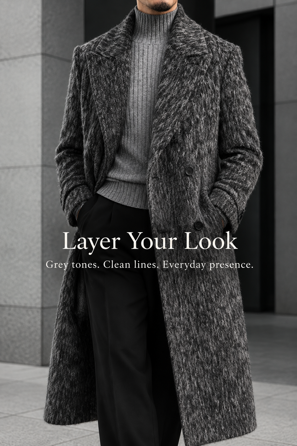 Textured Double-Breasted Long Coat