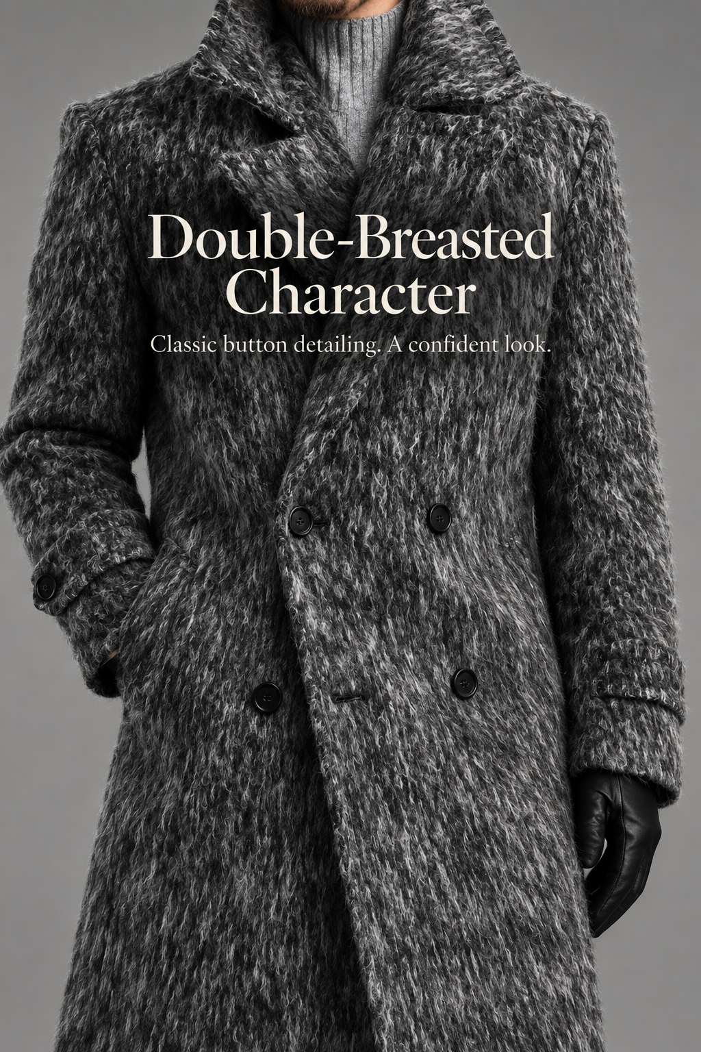 Textured Double-Breasted Long Coat