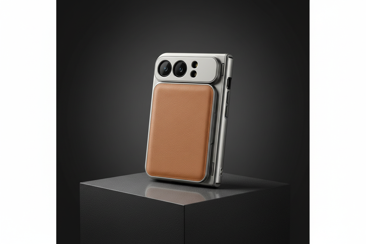 Aurastone iPhone 18 Duo Case in a dark premium studio setting